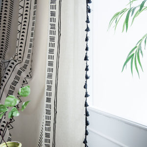 White Linen Curtains With Black Detail and Fringe