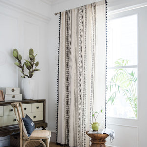 White Linen Curtains With Black Detail and Fringe