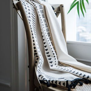 White Linen Curtains With Black Detail and Fringe