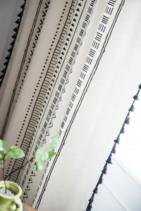 White Linen Curtains With Black Detail and Fringe