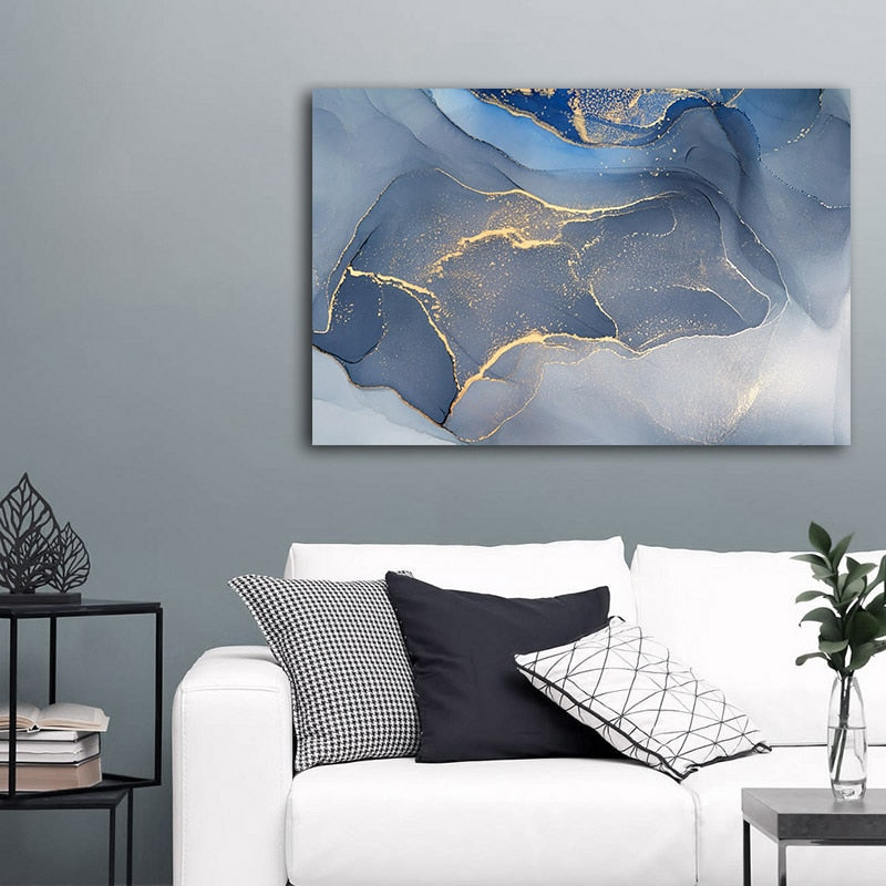 Dreamscape: Blue Wall Art with Gold Accent